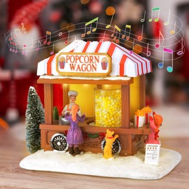 ZornRC Christmas Village Accessories LED Lighted Christmas Village Houses, Multicolored Christmas Vacation Village w/Music, Christmas Village Popcorn House for Home Decor