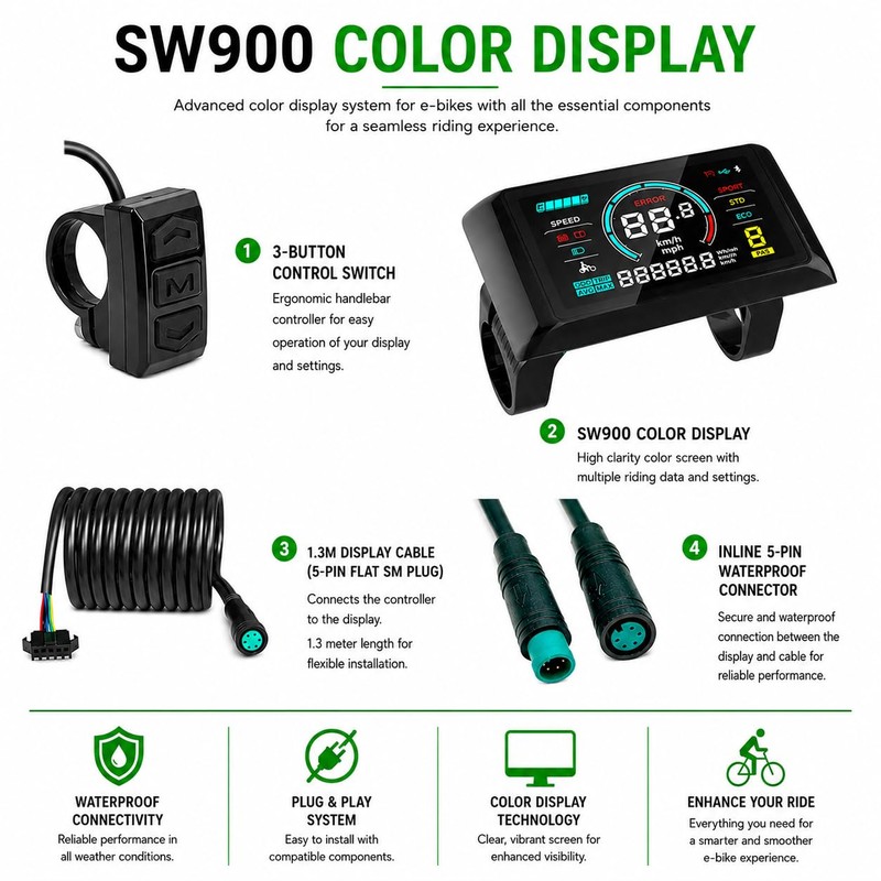 Full Colour SW900 E-Bike Display 24V-72V, TFT LCD Screen, USB