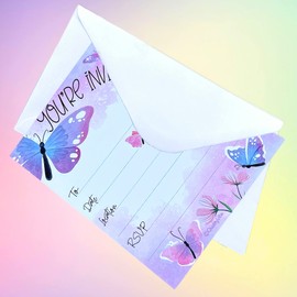 25 Butterfly Invitations With Envelopes, Fill In Style You're Invited, Baby Showers, Bridal Showers & Outdoor Spring Parties. Thick & Non Coated Cardstock For Use With Any Pen.