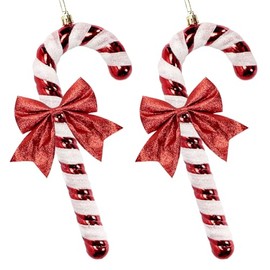 2Pcs Large Candy Cane Baubles with 2Pcs Glitter Bows,Shiny & Glitter Decorated Ornaments for Christmas Decorations,26x10cm (Red)