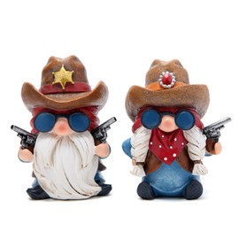 Hodao Cowboy and Cowgirl Gnome Figurines - Hand-Painted Western Resin Gnomes with Cowboy Hats, Sheriff Badge and Bandana - Rustic Farmhouse Decor and Gift for Tiered Tray, Mantel, Tabletop