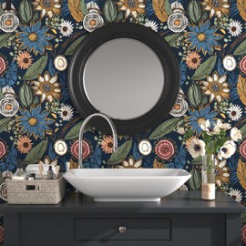 Boho Wallpaper Peel and Stick,Vintage Floral Contact Paper 17.5" x 118", Retro Botanical Flower Wall Paper Self Adhesive Removable Waterproof for Walls Shelves Cabinet Table (Blue,Yellow, Green)