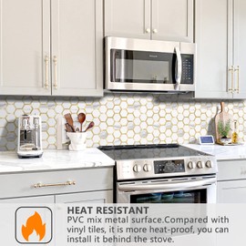 STICKGOO Hexagon Peel and Stick Backsplash Tile, Stick on Backsplash for Kitchen and Bathroom, White Marble Look PVC Mixed Metal Gold Self Adhesive Metal Mosaic Tiles(Sample, Seamless)