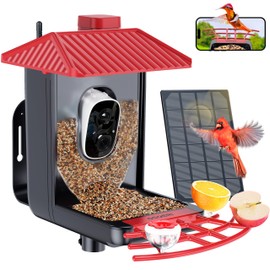 Osoeri Bird Feeder with Camera, Smart AI Identify Wild Bird Feeders Camera, 1080P Auto Capture Bird's Video & Motion Detection, with DIY Add-ons & Hummingbird Feeder, Gifts for Bird Lover (Red Black)