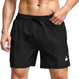 SUNDAY ROSE Traje de baño para hombre, elástico en 4 direcciones, forro de malla, pantalones cortos, trajes de baño de secado rápido, Negro -, X-Large