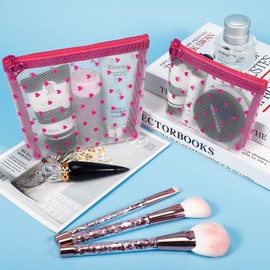 Fassave 6 Pack Mini Zipper Mesh Makeup Bags, Heart Print Nylon Cosmetic Bags Toiletry Bags for Office Travel Organization (Widened-Hot Pink, S)