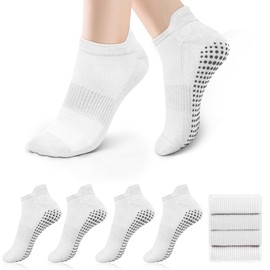 Tobfit 4 Pairs Pilates Socks for Women Non Slip Grip Sock Yoga Socks Ankle Grippy Sock Woman White+White+White+White