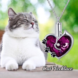 Cat Urn Necklace for Ashes 925 Sterling Silver Cremation Keepsake Memorial Jewelry for Ashes with Deep Purple Heart Crystal from Austria Keepsakes Memorial Necklaces Meaningful Gifts