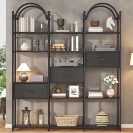 Nosepen 83.5" Tall Arched Bookshelf with 3 Drawers and 13 Storage Shelves, Industrial Open Book Shelf with Display Shelves, Large Etagere Bookshelf, Triple Wide Book Case for Home & Office, Black