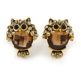 20mm Tall/Brown Crystal Owl Stud Earrings In Aged Gold Tone Metal