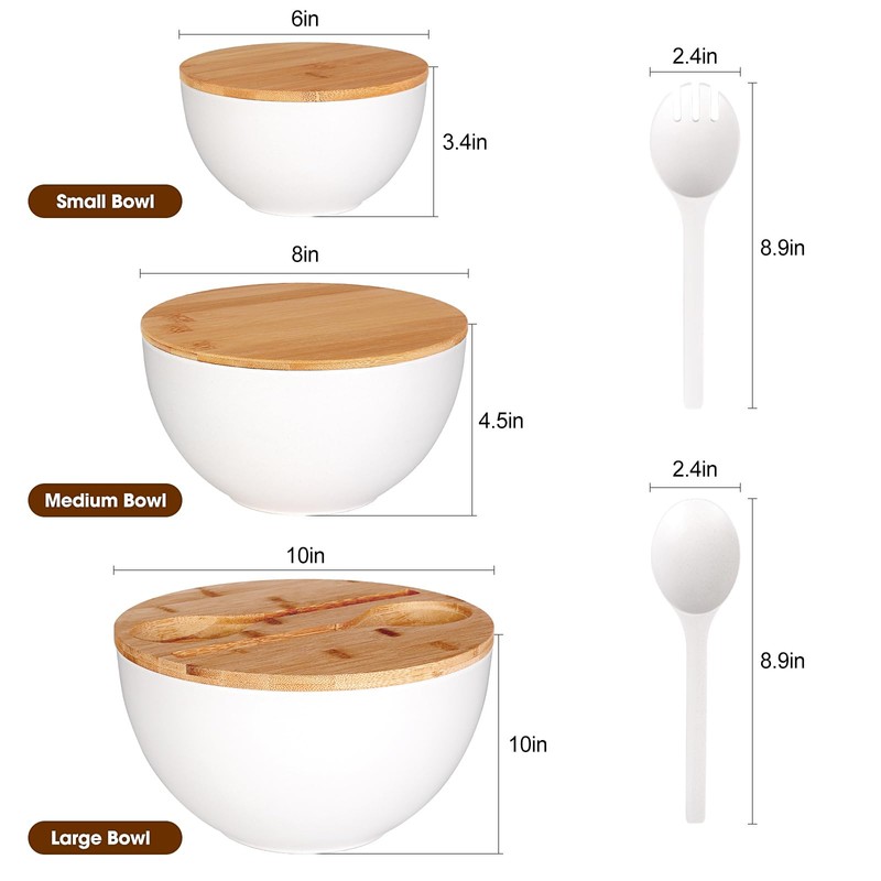 ShineMe Salad Serving Bowls with Lid and Utensils, 10" Bamboo