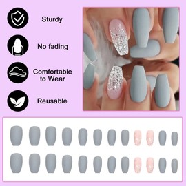 Ceboic Pack of 24 Glue-On Nails, Medium Coffin, Grey Blue Frosted French Artificial Nails, Press On Nails, Pink Shiny Ballerina Artificial Nails, Acrylic Full Cover Fingernails, Fake Nails for Women