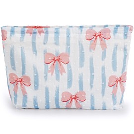 Large Makeup Bag for Purse, Blue Stripe Pink Bow Cosmetic Bag for Women Girls, Cute Pink Bowknot Canvas Travel Toiletry Bag Organizer, Aesthetic Coquette Makeup Pouch Cosmetic Pouch with Zipper