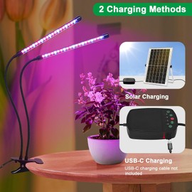 Teilybao Solar-Powered Grow Lamp with Battery, 2-Head 40 LED Full Spectrum Clip Light, 16.4FT Cable, USB Charging, Timer & Dimmable Settings for All Growth Stages