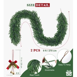 2Pcs 9Ft Artificial Norfolk Pine Garland,Realistic Artificial Greenery Garland Faux Christmas Garland for Mantle Fireplace Table Stair Front Door Indoor Outdoor Holiday Xmas Decorations