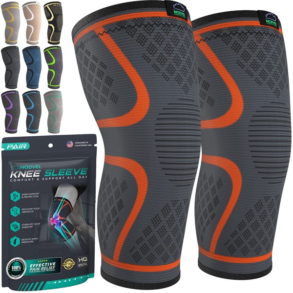 MODVEL 2 Pack Knee Brace | Knee Compression Sleeve for Men & Women | Knee Support for Running | Medical Grade Knee Pads for Meniscus Tear, ACL, Arthritis, Joint Pain Relief. (MV-137-XXL-OR)