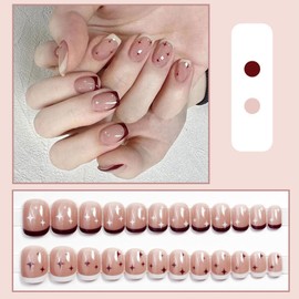 24pcs Short Square False French Tip False Nails Stick on Nails Glitter Press on Nails Removable Glue (07)