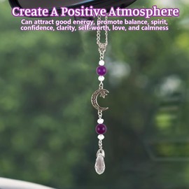 Rear View Mirror Charms Moon and Star, Purple Stone Car Mirror Hanging Accessories Boho Sun Catcher Pendant, Cute Car Decor for Women Men Auto Lovers Crystal Collectors