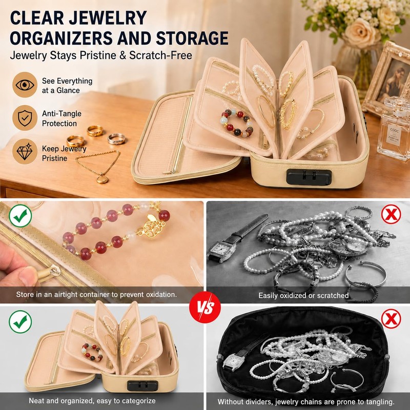 Fireproof Travel Jewelry Organizer Case with Lock & 6 Binder