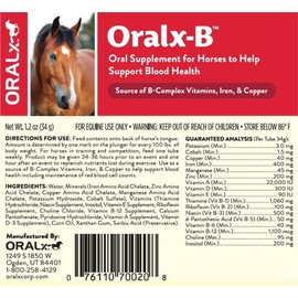 Oralx-B High-Potency B-Vitamin Complex and Chelated Mineral Booster. Nutritional Supplement for Hard-Working Horses. Oral Paste in Easy-Dose Syringe. Guaranteed Analysis. Made in USA.