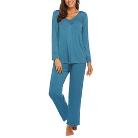 Ekouaer Women's Pajama Set Long Sleeve Pj Sets Two Piece Loungewear Soft Pajama Top and Pants Pjs Sleepwear Peacock Blue