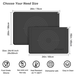 Silicone Baking Mat 24" x 16", Extra Thick Dough Rolling Mat with Measurements and Edge Heightening, Non-stick Food Grade Silicone Pastry Mat for for Pastry, Bread, Cookies, Pizza, Fondant, Pasta