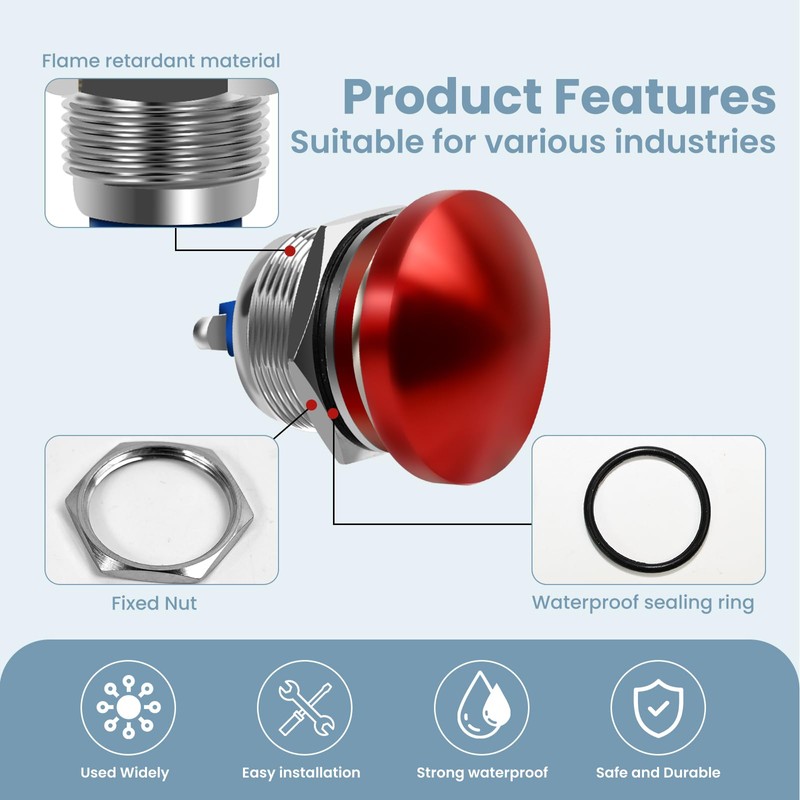 Red Mushroom Head Momentary Push Button Switch (16mm)