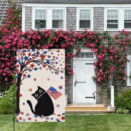 Heyfibro 4th Of July Patriotic Funny Black Cat Garden Flag 12x18 Double Sided Burlap, Heart Star Tree Pattern USA Flags Retro Yard Banner for Rustic Independence Day Outdoor Decor (ONLY FLAG)
