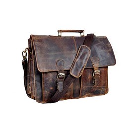 16" Inch Retro Buffalo Hunter Leather Laptop Messenger Briefcase Satchel Office Bag Men & Women (Distressed Tan)