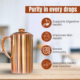 Copper Pitcher with Lid - 1500ml/50 Oz Pure Copper Handmade Jug | Smooth Finish, Boost Hydration, Support Sugar Intake Control & Health Benefits