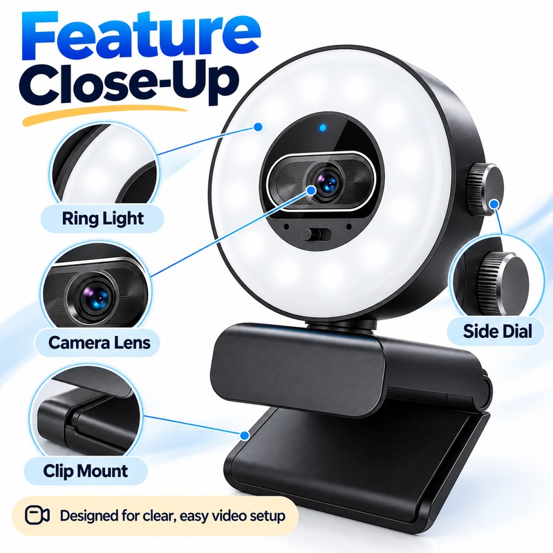 4K Webcam with Ring Light for Video Calls – 1080p