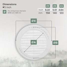 Vent Systems 5" Inch (Opening Dimensions) - Pack of 2 - White Soffit Vent Cover - Plastic Round Air Vent Grille - Built-in Mesh Screen - HVAC Register Louver for Bathroom, Home, Kitchen