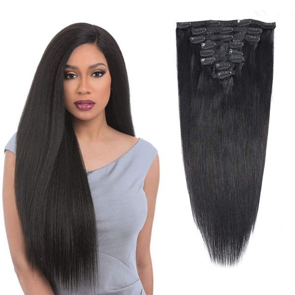 Straight Clip in Remy Human Hair Extensions Clip in Real Hair Extensions for Black Women Double Weft Hair Soft Silky Straight 8Pieces 120g Natural Color (16 Inch, Straight)