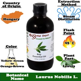 Bay Essential Oil - 4 oz - GC/MS Tested - Supplied in 4 oz. Amber Glass Bottle with Black Phenolic Cone Lined and Safety Sealed Cap