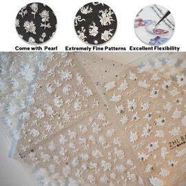 CESTSIREN White Rose Flower Nail Art Stickers Rhinestones Pearl Embossed Nail Decals for Nail Art Design Self-Adhesive Nail Accessories for Women Nail Art Supplies 3 Sheets