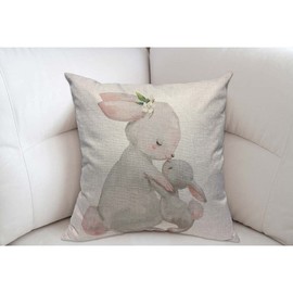Mugod Rabbit Cushion Cover Throw Pillow Covers Cute Animal Hare Mom with Little Easter Bunny with Flower Leaves Pillow Case for Men Women Decorative Home Sofa Chair Couch 45x45cm/18x18 Inch