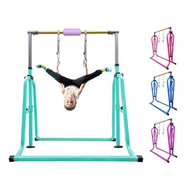 kechery Foldable & Moveable Gymnastics Horizontal Bar with Rings,3’to 5’Adjustable Height Expandable Junior Kip Bar for Home,Indoor Gym Equipment for Kids (Foldable Teal with Rings)