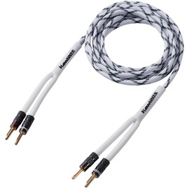 HANNLINTE 14AWG Speaker Wire Cable (25 Feet), 1 Pack Premium Heavy Duty Braided Speaker Cable Dual Gold Plated Banana Plug Tips in-Wall CL2, Oxygen-Free Copper (White)