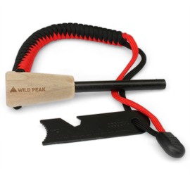Premium Fire Steel with Paracord Strap & Carry Bag - Quality Ferro Rod Fire Starter with over 2m of Military Grade 550 Parachute Cord for Survival & Bushcraft from Wild Peak ▲ (Red & Black))