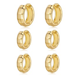 3 Pairs Small Chunky Gold Hoop Earrnigs for Women, 18K Gold Plated Lightweight Trendy Sparkled Hypoallergenic Huggie Hoop Earrings Stacks for Multiple Piercing