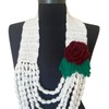 White Crochet Scarf Necklace with Red Rose, Green Leaves