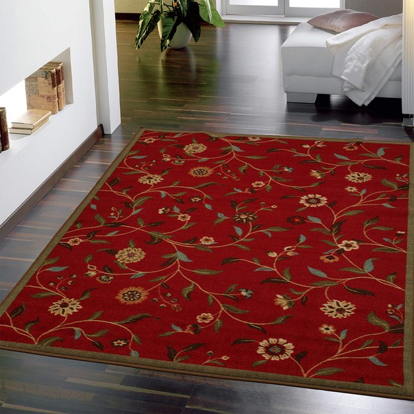 Ottomanson Ottohome Contemporary Leaves Floral Rug, 5' x 6'6", Red