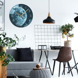 VIKMARI Glass Earth Pattern Wall Clock 12 Inch Silent Non Ticking Sweep Movement Dark Green Round Wall Clocks, Decorative for Kitchen, Living Room, Bedroom, Bathroom, Hallway, Office