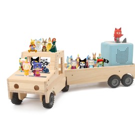 Taladad Storage & Play Car for Toniebox and Tonie Figures Storage Shelf (Wooden Trailer), Magnetic Shelves Compatible with Tonie Box Player Character for Children Room (Natural, Wooden Trailer)