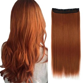 iLUU Copper Red Thick 120g Straight Full Head Clip In Synthetic Hair Extensions Long Fire Red Thicken Hairpiece 24" Smooth Silky Hair Exntensions With 5 Clips (Orange Red #119 - Straight)