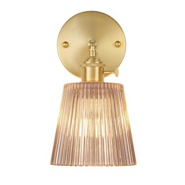 Shenmoyl Vintage Wall Sconces with Amber Stripe Glass Lampshade 180 Degree Adjustable Brass Sconces Hradwired Modern Wall Lighting Fixture with Switch for Bedside Bedroom Doorway