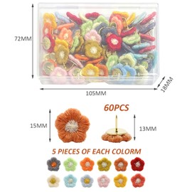 Pack of 60 Flower Push Pins, Flower Thumb Nails, Decorative Tacks, Bulletin Board Thumb Nails, Colourful Drawing Pins, Suitable for Cork Board (12 Colours)