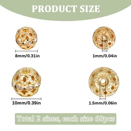 SUNNYCLUE 1 Box 120Pcs Gold Disco Ball Beads Rhinestone Bead Making Kit Metal Alloy Antique Round Hollow Czech Bubblegum Crystal Loose Spacer Beads for Jewellery Making Bracelet Necklace DIY Crafts