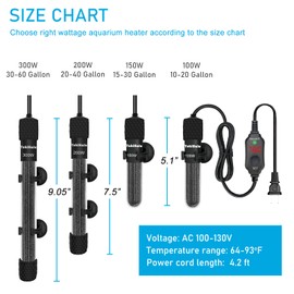 YukiHalu Submersible Aquarium Heater 100W 150W 200W, Adjustable Mini Fish Tank Heater, Small Size, Overheating Protection, External Controller, Used for 0.5-40 Gallons(100W)