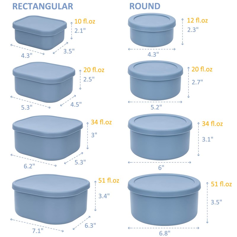 100% Silicone Food Storage Containers with Lids, 8 Pack, 10oz